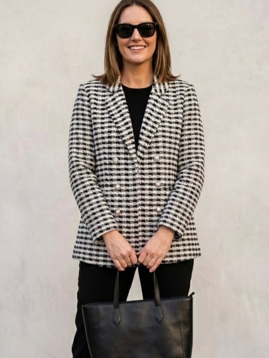Messini Jackets & Blazers - Messini Metallic Tweed Open Double Breasted Black/White Houndstooth Sz.L Jacket